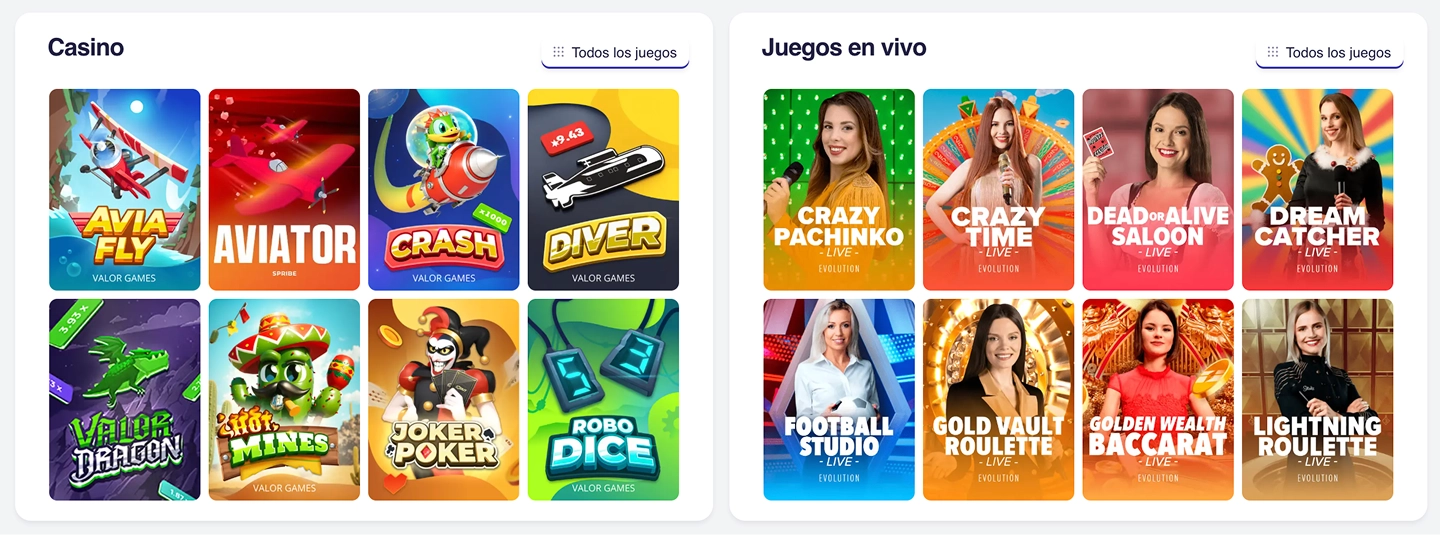 Juegos en vivo y slots en Valor
