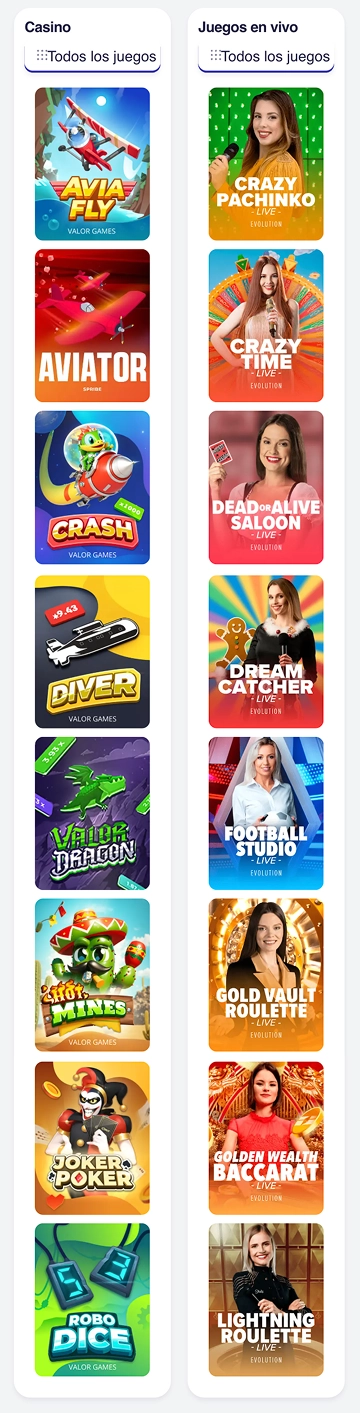 Lista de juegos de casino en Valor